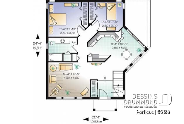 Rez-de-chaussée - Plan de maison plain-pied 2 chambres, salle à manger bien fenêtrée - Porticus