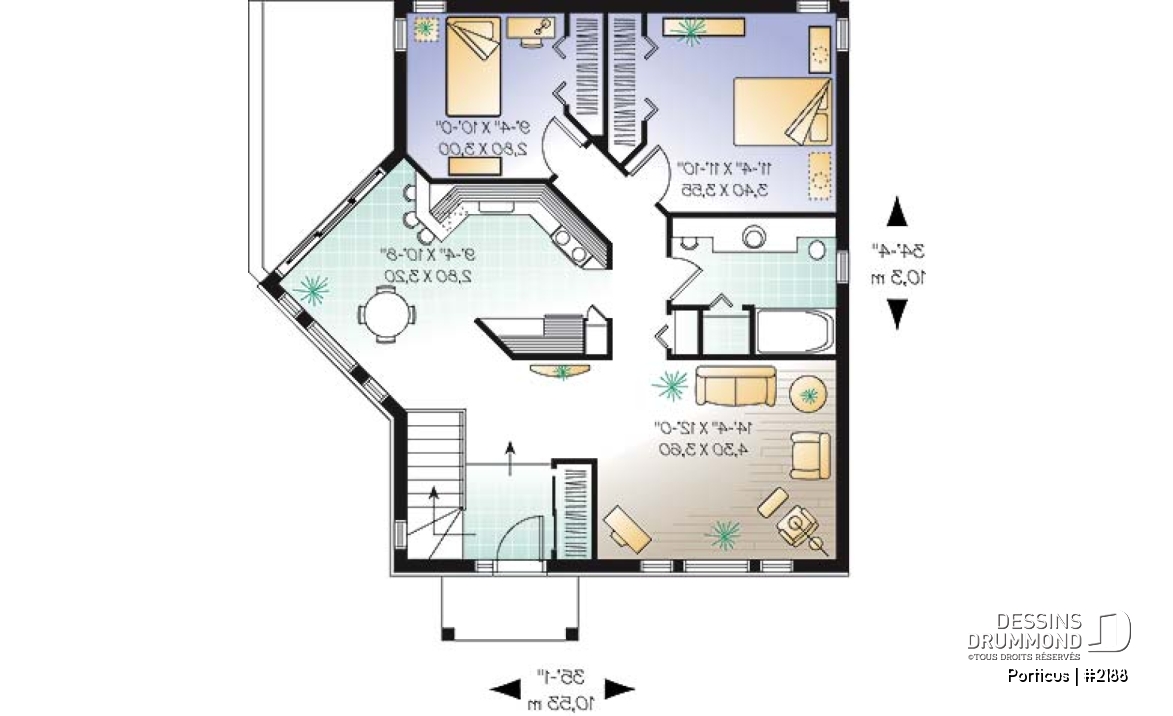 Rez-de-chaussée - Plan de maison plain-pied 2 chambres, salle à manger bien fenêtrée - Porticus