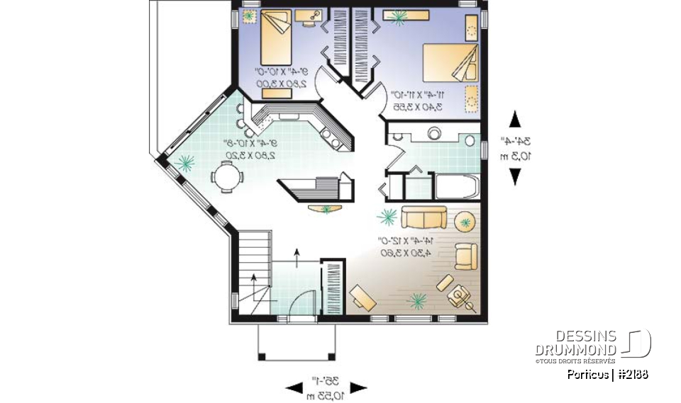 Rez-de-chaussée - Plan de maison plain-pied 2 chambres, salle à manger bien fenêtrée - Porticus