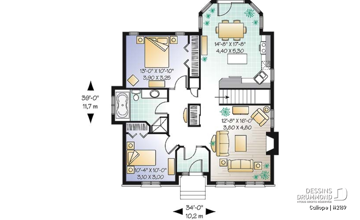Rez-de-chaussée - Plan de maison économique, 2 chambres, séjour remarquable avec foyer - Calliope