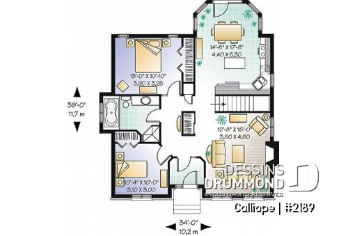 Rez-de-chaussée - Plan de maison économique, 2 chambres, séjour remarquable avec foyer - Calliope