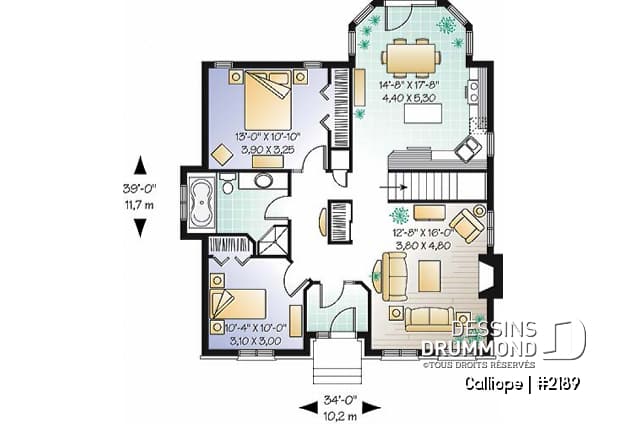 Rez-de-chaussée - Plan de maison économique, 2 chambres, séjour remarquable avec foyer - Calliope