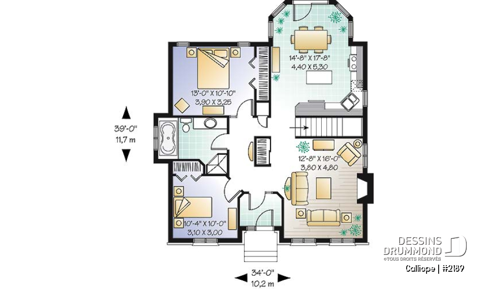 Rez-de-chaussée - Plan de maison économique, 2 chambres, séjour remarquable avec foyer - Calliope
