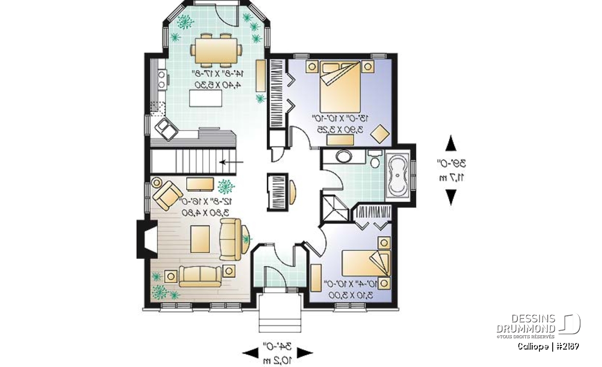 Rez-de-chaussée - Plan de maison économique, 2 chambres, séjour remarquable avec foyer - Calliope