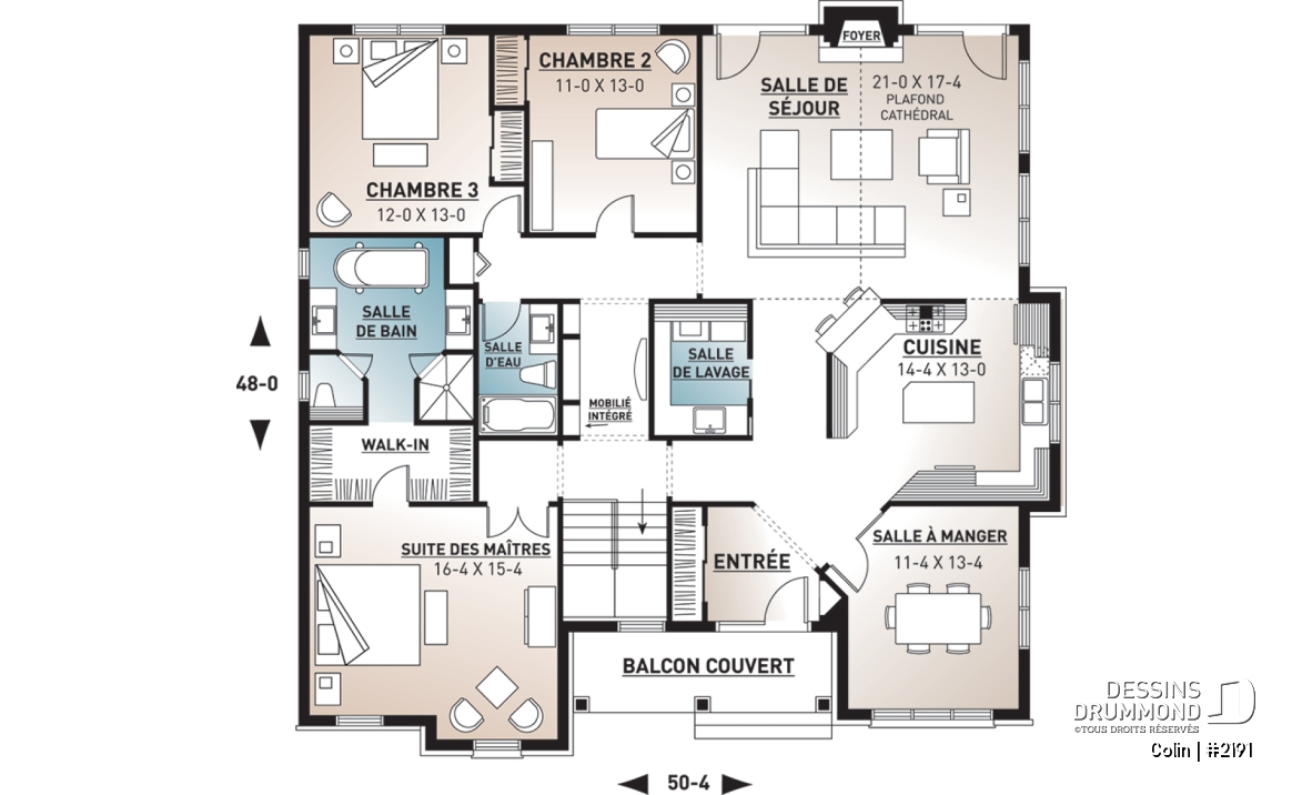 Rez-de-chaussée - Plan de bungalow ranch, 3 chambres, superbe suite des parents, plafond cathédrale au salon, foyer, lumière - Colin
