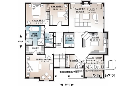 Rez-de-chaussée - Plan de bungalow ranch, 3 chambres, superbe suite des parents, plafond cathédral au salon, foyer, lumière - Colin