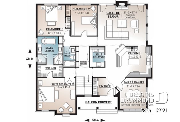 Rez-de-chaussée - Plan de bungalow ranch, 3 chambres, superbe suite des parents, plafond cathédral au salon, foyer, lumière - Colin