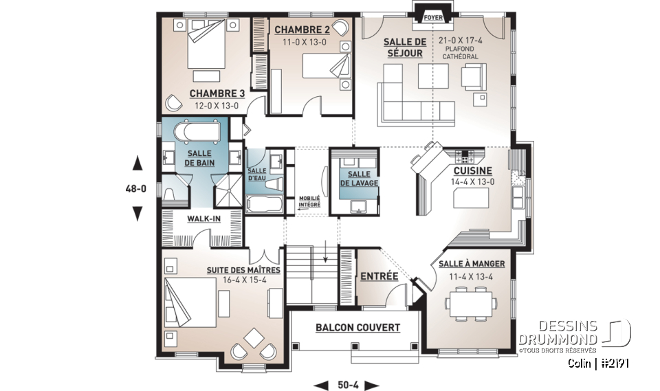 Rez-de-chaussée - Plan de bungalow ranch, 3 chambres, superbe suite des parents, plafond cathédrale au salon, foyer, lumière - Colin