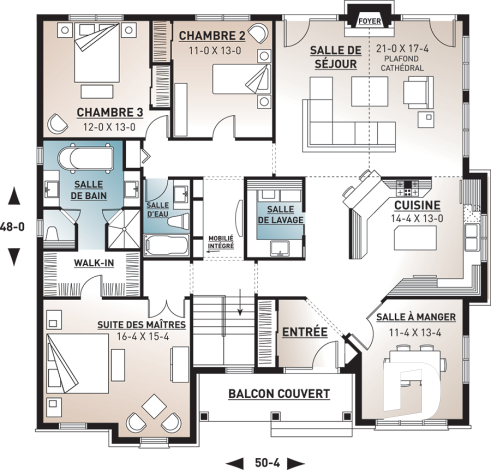 Rez-de-chaussée - Plan de bungalow ranch, 3 chambres, superbe suite des parents, plafond cathédrale au salon, foyer, lumière - Colin