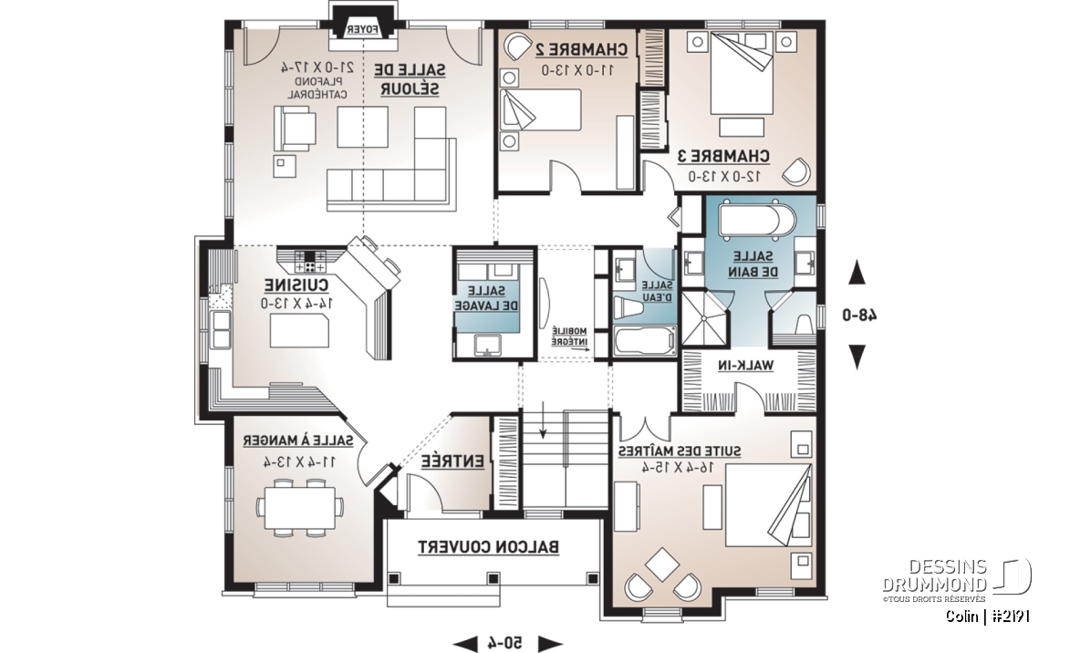 Rez-de-chaussée - Plan de bungalow ranch, 3 chambres, superbe suite des parents, plafond cathédrale au salon, foyer, lumière - Colin