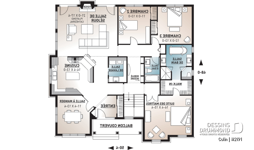 Rez-de-chaussée - Plan de bungalow ranch, 3 chambres, superbe suite des parents, plafond cathédrale au salon, foyer, lumière - Colin