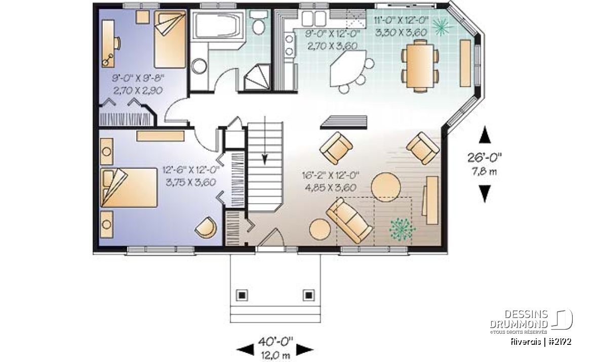 Rez-de-chaussée - Modèle de plan de maison pour petit budget, 2 chambres, salle à manger tout en lumière - Riverais