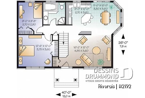 Rez-de-chaussée - Modèle de plan de maison pour petit budget, 2 chambres, salle à manger tout en lumière - Riverais
