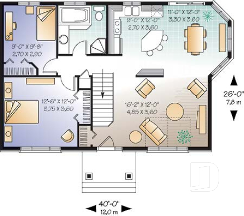 Rez-de-chaussée - Modèle de plan de maison pour petit budget, 2 chambres, salle à manger tout en lumière - Riverais