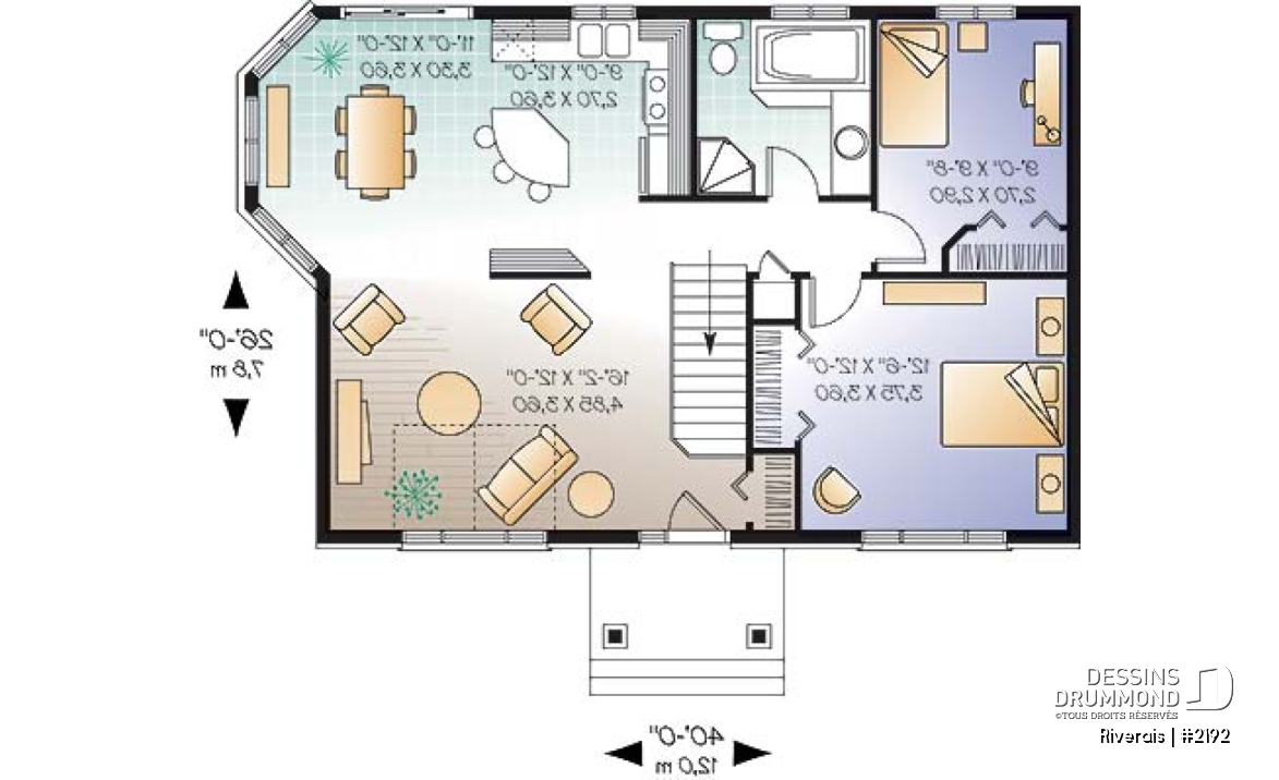Rez-de-chaussée - Modèle de plan de maison pour petit budget, 2 chambres, salle à manger tout en lumière - Riverais