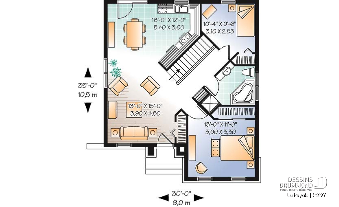Rez-de-chaussée - Plan de maison 2 chambres de style européen anglais, abordable, sous-sol à aménager selon vos besoin - La Royale