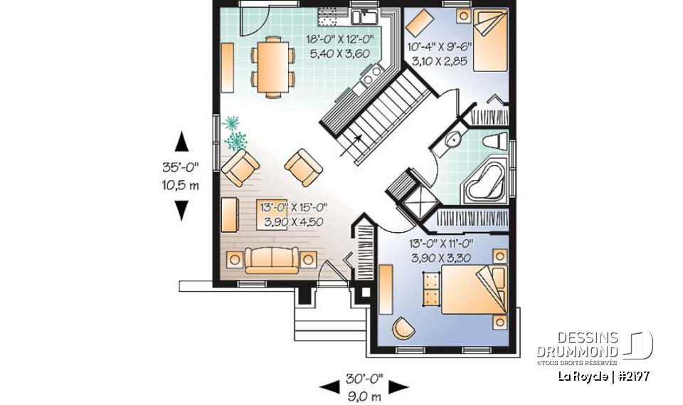 Rez-de-chaussée - Plan de maison 2 chambres de style européen anglais, abordable, sous-sol à aménager selon vos besoin - La Royale