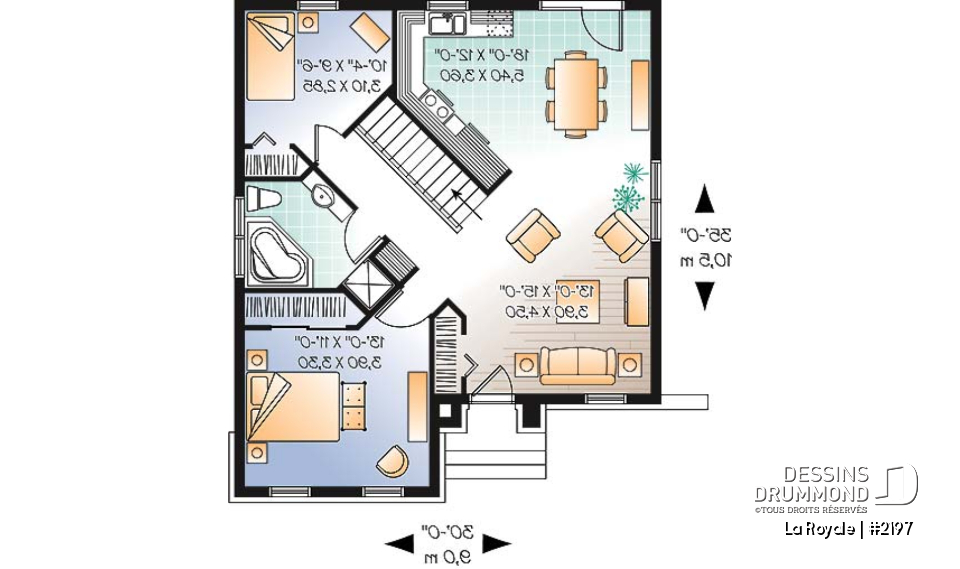 Rez-de-chaussée - Plan de maison 2 chambres de style européen anglais, abordable, sous-sol à aménager selon vos besoin - La Royale