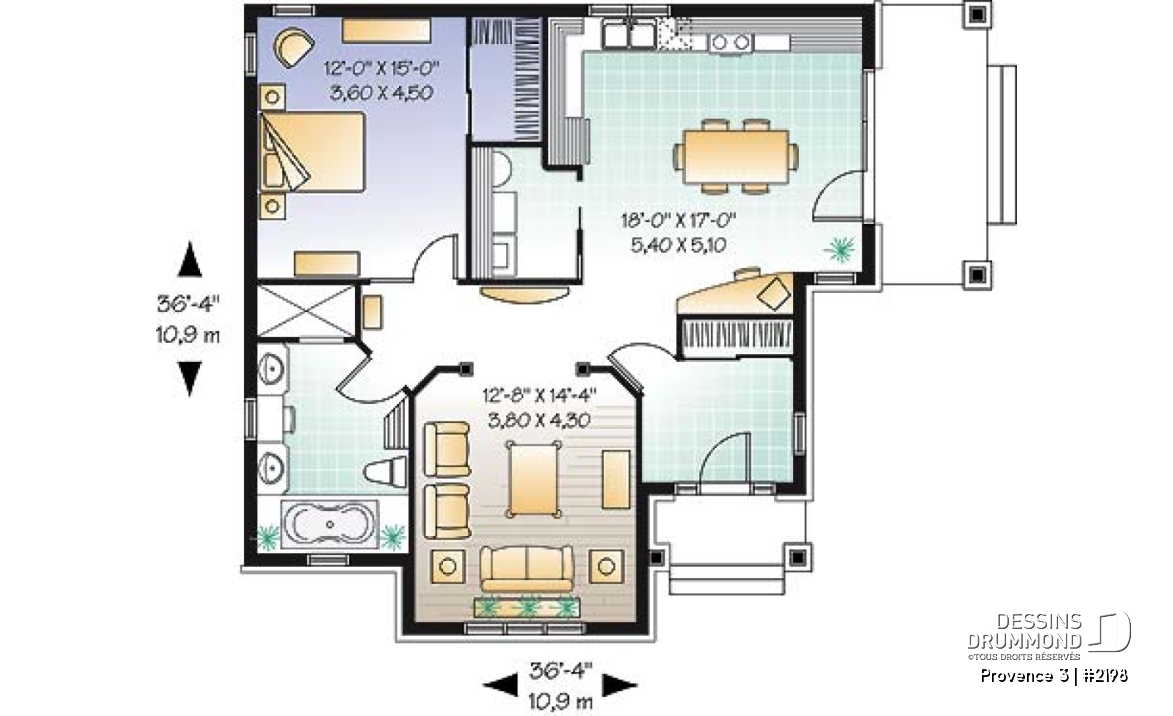 Rez-de-chaussée - Petit bungalow abordable conçu pour baby-boomers, plafond 9', galerie couverte, buanderie, walk-in, vestibule - Provence 3