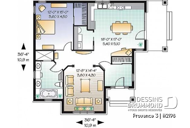 Rez-de-chaussée - Petit bungalow abordable conçu pour baby-boomers, plafond 9', galerie couverte, buanderie, walk-in, vestibule - Provence 3