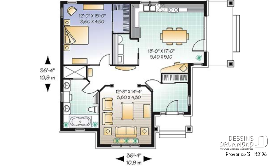 Rez-de-chaussée - Petit bungalow abordable conçu pour baby-boomers, plafond 9', galerie couverte, buanderie, walk-in, vestibule - Provence 3