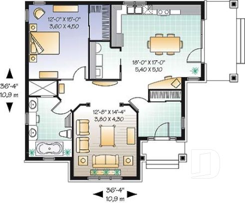 Rez-de-chaussée - Petit bungalow abordable conçu pour baby-boomers, plafond 9', galerie couverte, buanderie, walk-in, vestibule - Provence 3