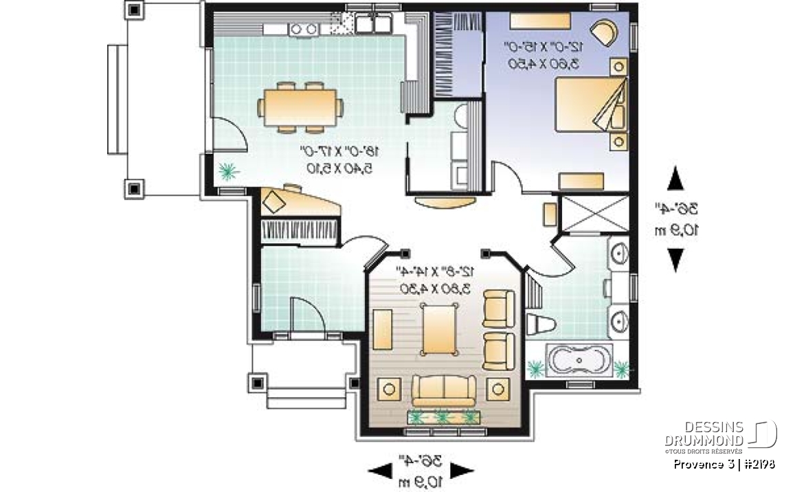 Rez-de-chaussée - Petit bungalow abordable conçu pour baby-boomers, plafond 9', galerie couverte, buanderie, walk-in, vestibule - Provence 3