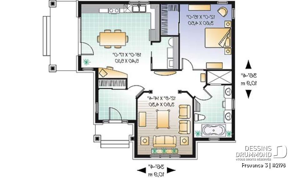 Rez-de-chaussée - Petit bungalow abordable conçu pour baby-boomers, plafond 9', galerie couverte, buanderie, walk-in, vestibule - Provence 3