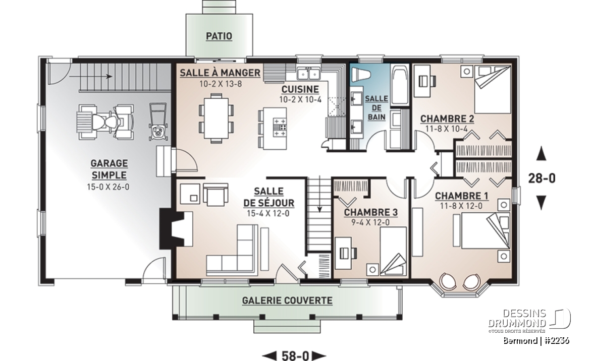 Rez-de-chaussée - Plan d'un grand bungalow avec garage, 3 chambres, belle cuisine avec îlot, foyer au salon, buanderie - Bermond