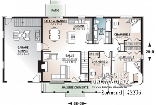 Rez-de-chaussée - Plan d'un grand bungalow avec garage, 3 chambres, belle cuisine avec îlot, foyer au salon, buanderie - Bermond