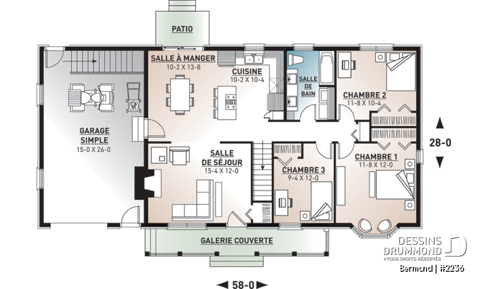 Rez-de-chaussée - Plan d'un grand bungalow avec garage, 3 chambres, belle cuisine avec îlot, foyer au salon, buanderie - Bermond