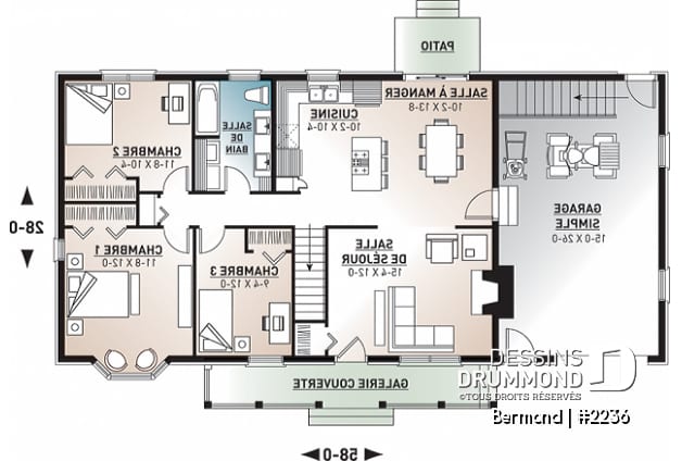 Rez-de-chaussée - Plan d'un grand bungalow avec garage, 3 chambres, belle cuisine avec îlot, foyer au salon, buanderie - Bermond
