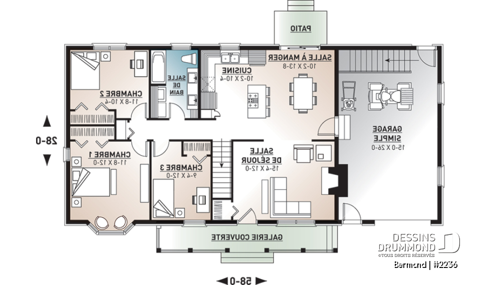 Rez-de-chaussée - Plan d'un grand bungalow avec garage, 3 chambres, belle cuisine avec îlot, foyer au salon, buanderie - Bermond