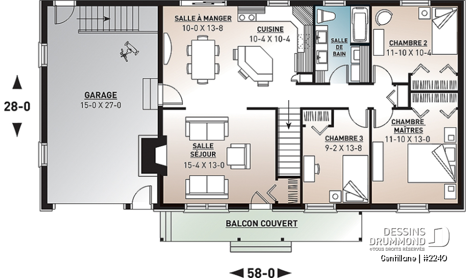 Rez-de-chaussée - Plain-pied de 3 chambres avec garage, espace à aire ouverte, îlot à la cuisine et foyer au salon - Gentillane