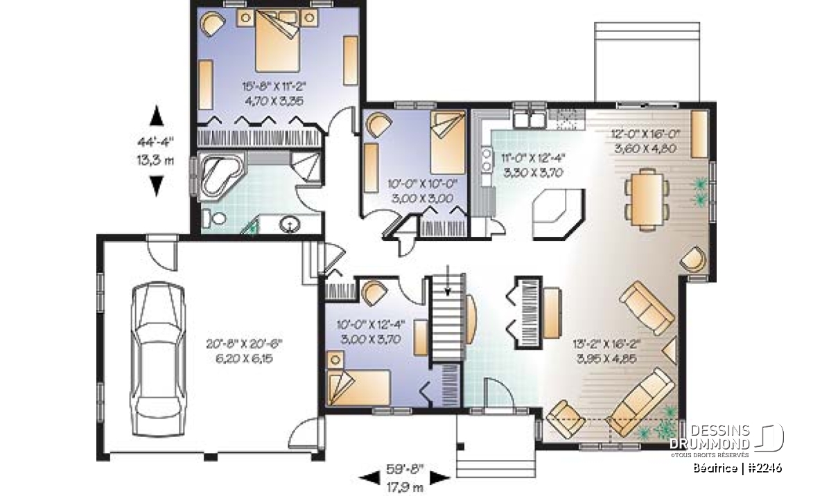 Rez-de-chaussée - Plan de grand plain-pied 3 chambres, garage double, grande cuisine, cathédrale au salon - Béatrice