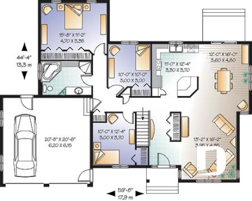 Rez-de-chaussée - Plan de grand plain-pied 3 chambres, garage double, grande cuisine, cathédrale au salon - Béatrice