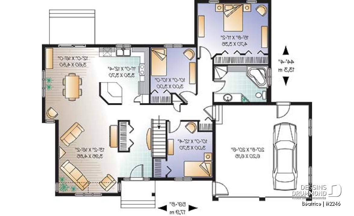 Rez-de-chaussée - Plan de grand plain-pied 3 chambres, garage double, grande cuisine, cathédrale au salon - Béatrice