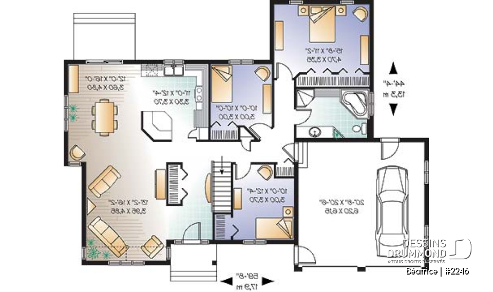 Rez-de-chaussée - Plan de grand plain-pied 3 chambres, garage double, grande cuisine, cathédrale au salon - Béatrice