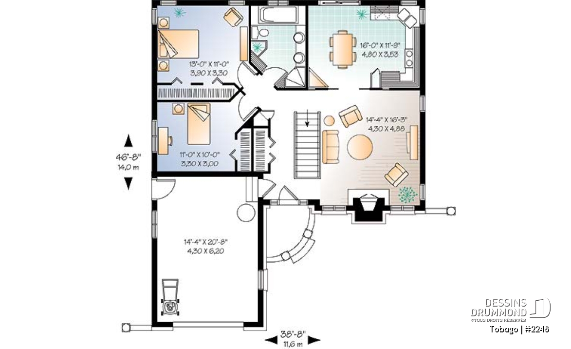 Rez-de-chaussée - Plan de style américain, 2 chambres, foyer au salon, grande cuisine, éviers doubles à la salle de bain, garage - Tobago