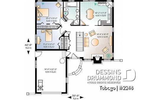 Rez-de-chaussée - Plan de style américain, 2 chambres, foyer au salon, grande cuisine, éviers doubles à la salle de bain, garage - Tobago