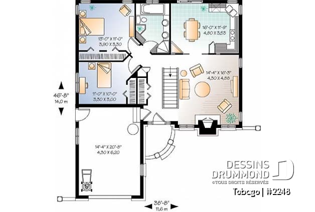 Rez-de-chaussée - Plan de style américain, 2 chambres, foyer au salon, grande cuisine, éviers doubles à la salle de bain, garage - Tobago