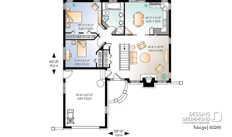 Rez-de-chaussée - Plan de style américain, 2 chambres, foyer au salon, grande cuisine, éviers doubles à la salle de bain, garage - Tobago