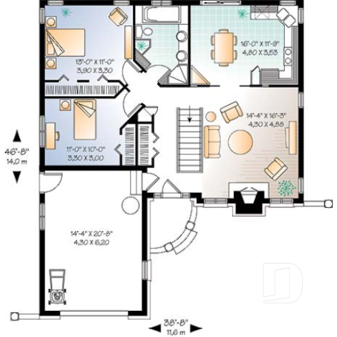Rez-de-chaussée - Plan de style américain, 2 chambres, foyer au salon, grande cuisine, éviers doubles à la salle de bain, garage - Tobago