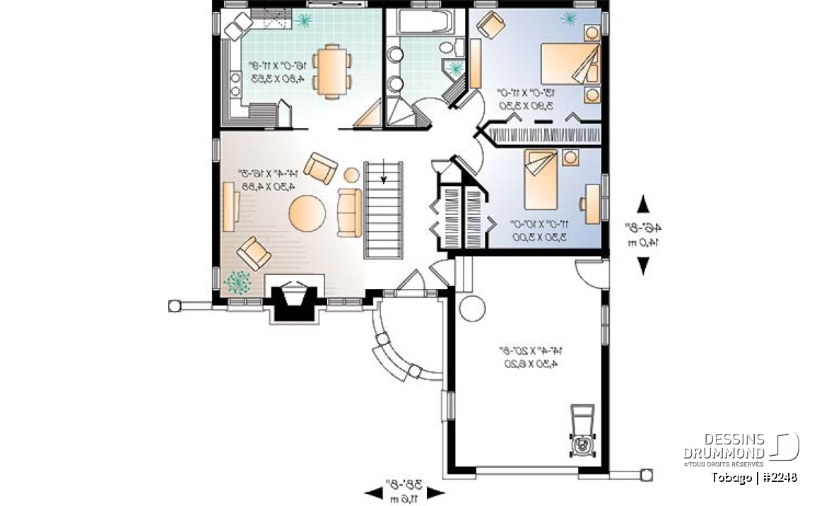 Rez-de-chaussée - Plan de style américain, 2 chambres, foyer au salon, grande cuisine, éviers doubles à la salle de bain, garage - Tobago