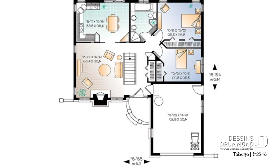 Rez-de-chaussée - Plan de style américain, 2 chambres, foyer au salon, grande cuisine, éviers doubles à la salle de bain, garage - Tobago
