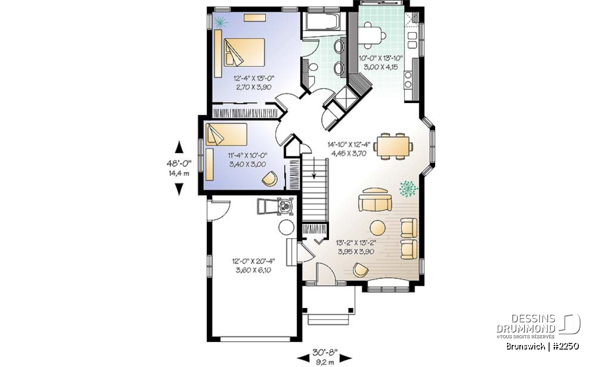 Rez-de-chaussée - Plan de petit plain-pied avec garage simple, 2 chambres, belle lumière à la salle à manger - Brunswick