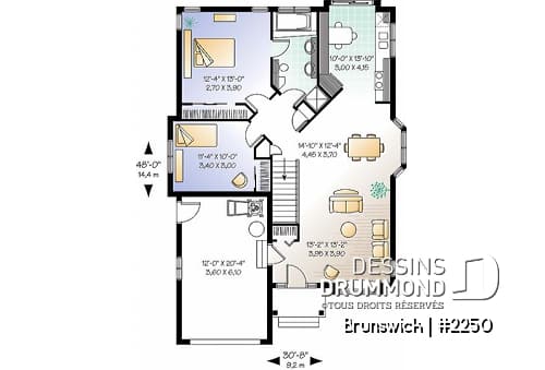 Rez-de-chaussée - Plan de petit plain-pied avec garage simple, 2 chambres, belle lumière à la salle à manger - Brunswick