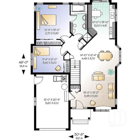 Rez-de-chaussée - Plan de petit plain-pied avec garage simple, 2 chambres, belle lumière à la salle à manger - Brunswick