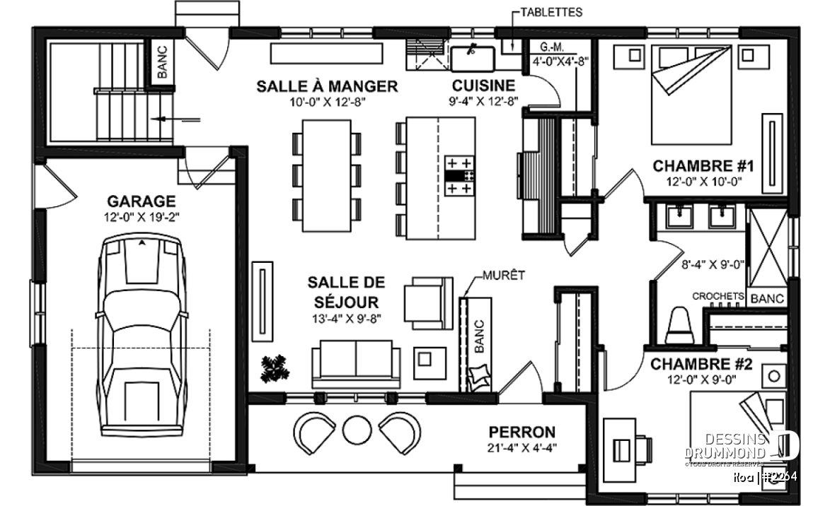 Rez-de-chaussée - Charmant plan de maison plain-pied farmhouse 2 chambres, aire ouverte et grand balcon avant abrité. - Koa