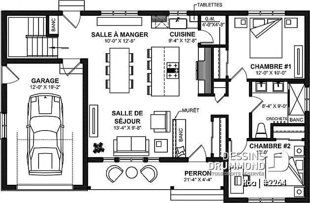 Rez-de-chaussée - Plan de maison avec 2 grandes chambres, aire ouverte, cuisine avec îlot, garage, galerie abritée - Koa